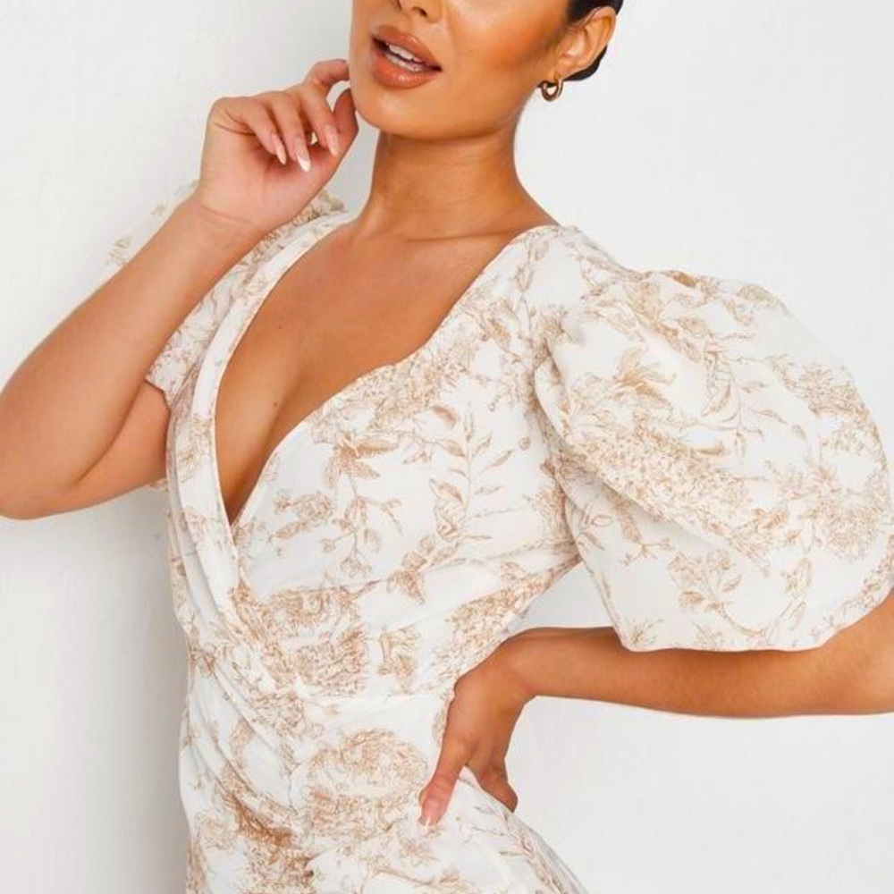 Stone Porcelain Woven Puff Sleeve Mini Dress